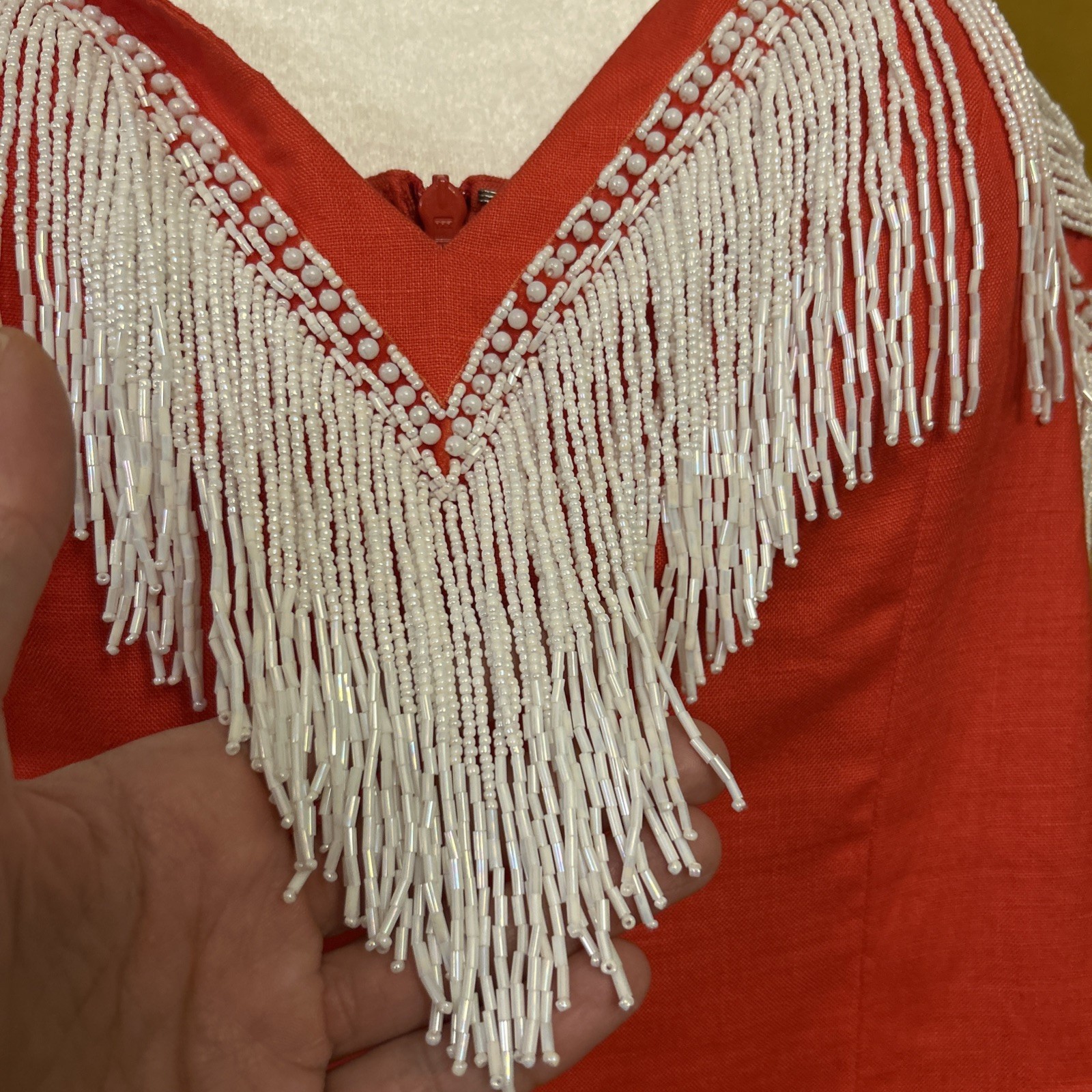 Vintage Pia Rucci Dress Red Linen Short White Beads Fringe Party 10 Medium 6/8
