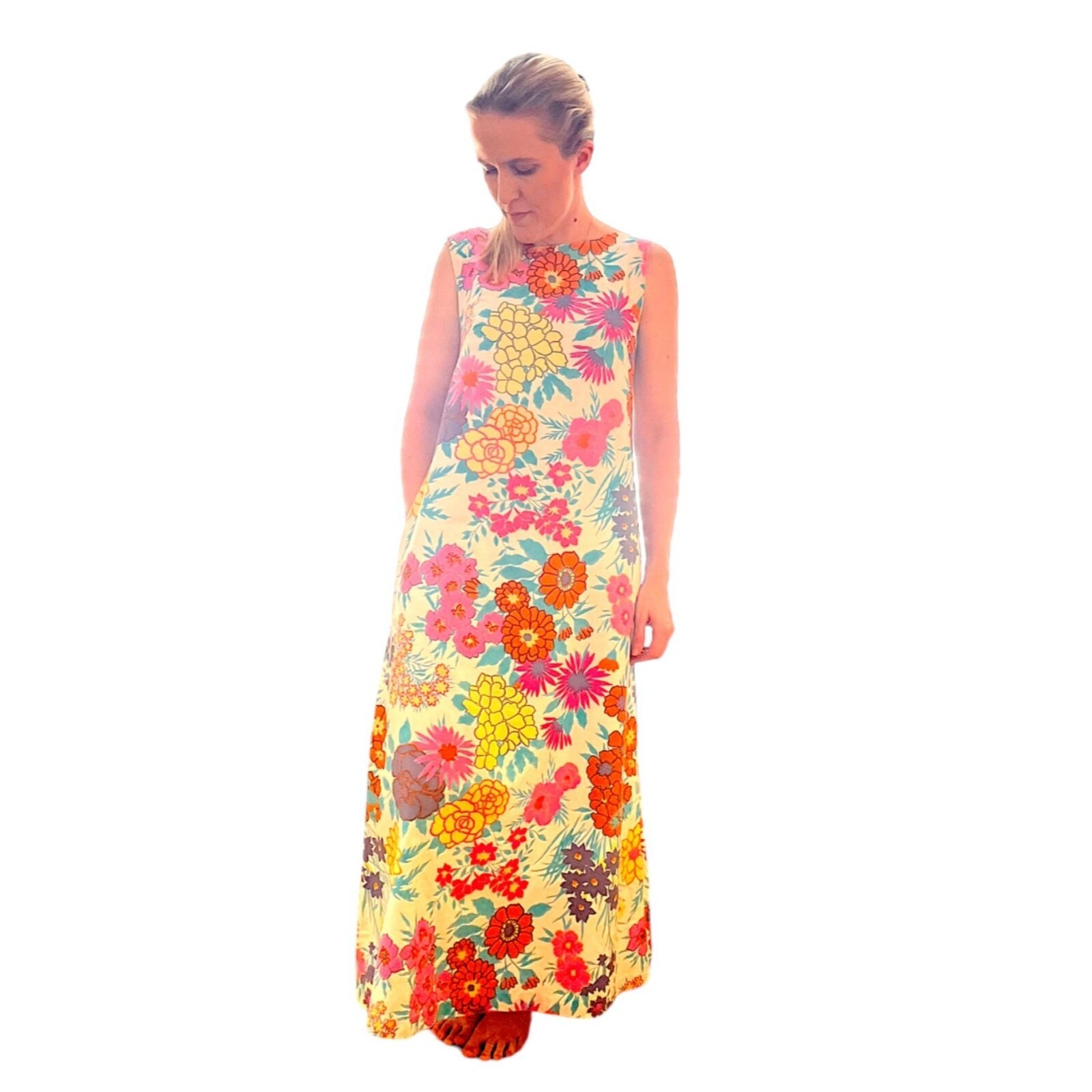 Kalama Fashions Vintage Mod Maxi Dress Hawaiian Bright Floral Ladies Size Small
