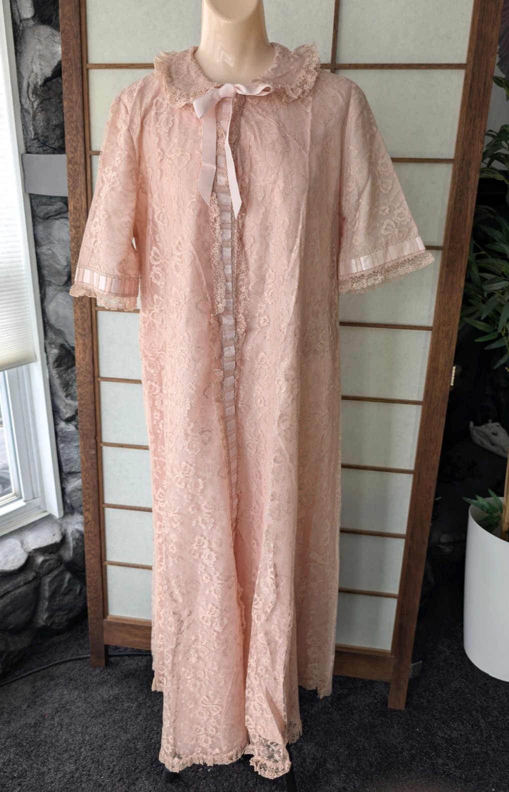 Odette Barsa Vintage Pink Lace Peignoir Set Robe Gown Lingerie Sz M/L 1950s 60s