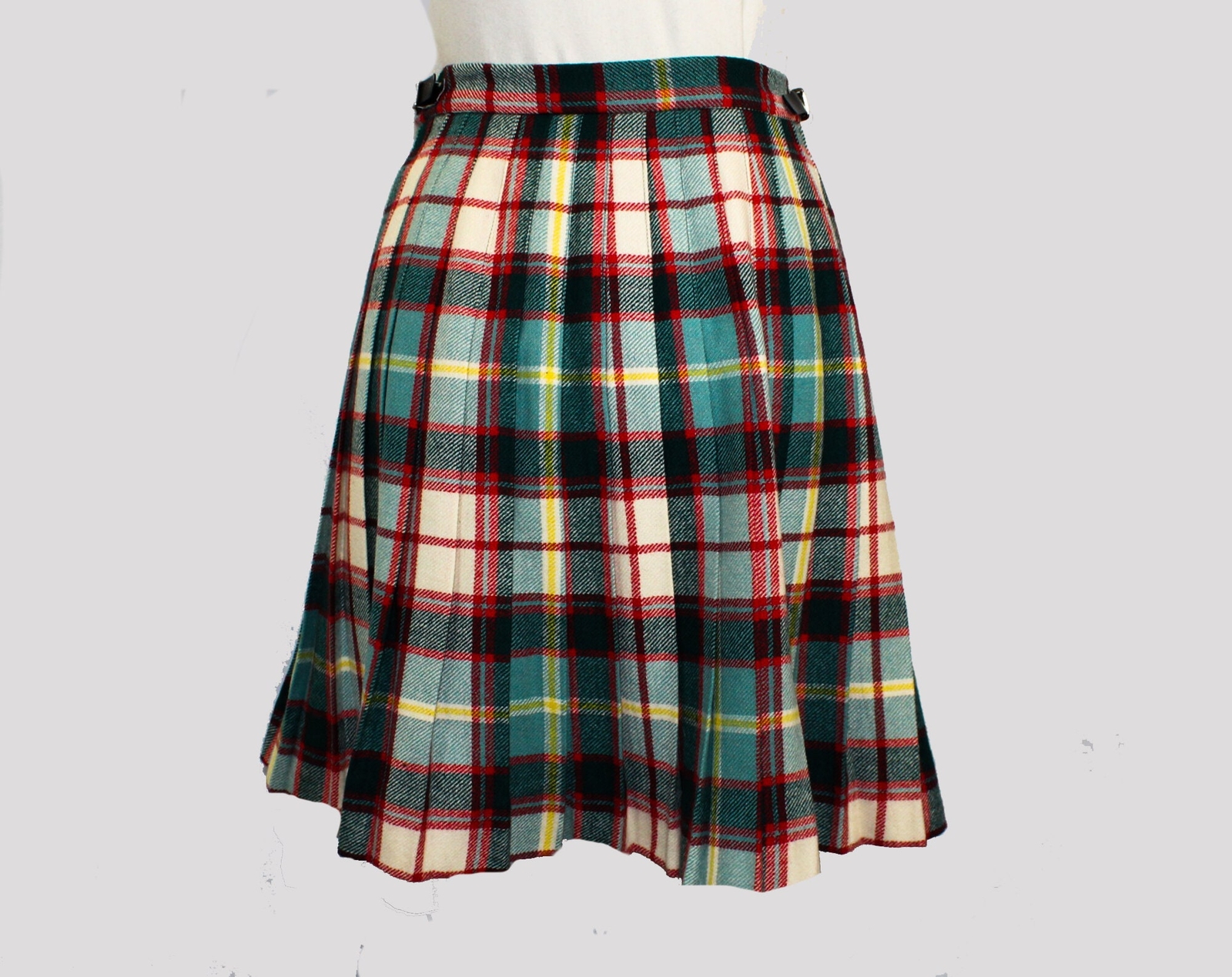 Scottish Kilt Skirt – Small Green Red Tartan Plaid Pleated Wrap Skirt – Buckles