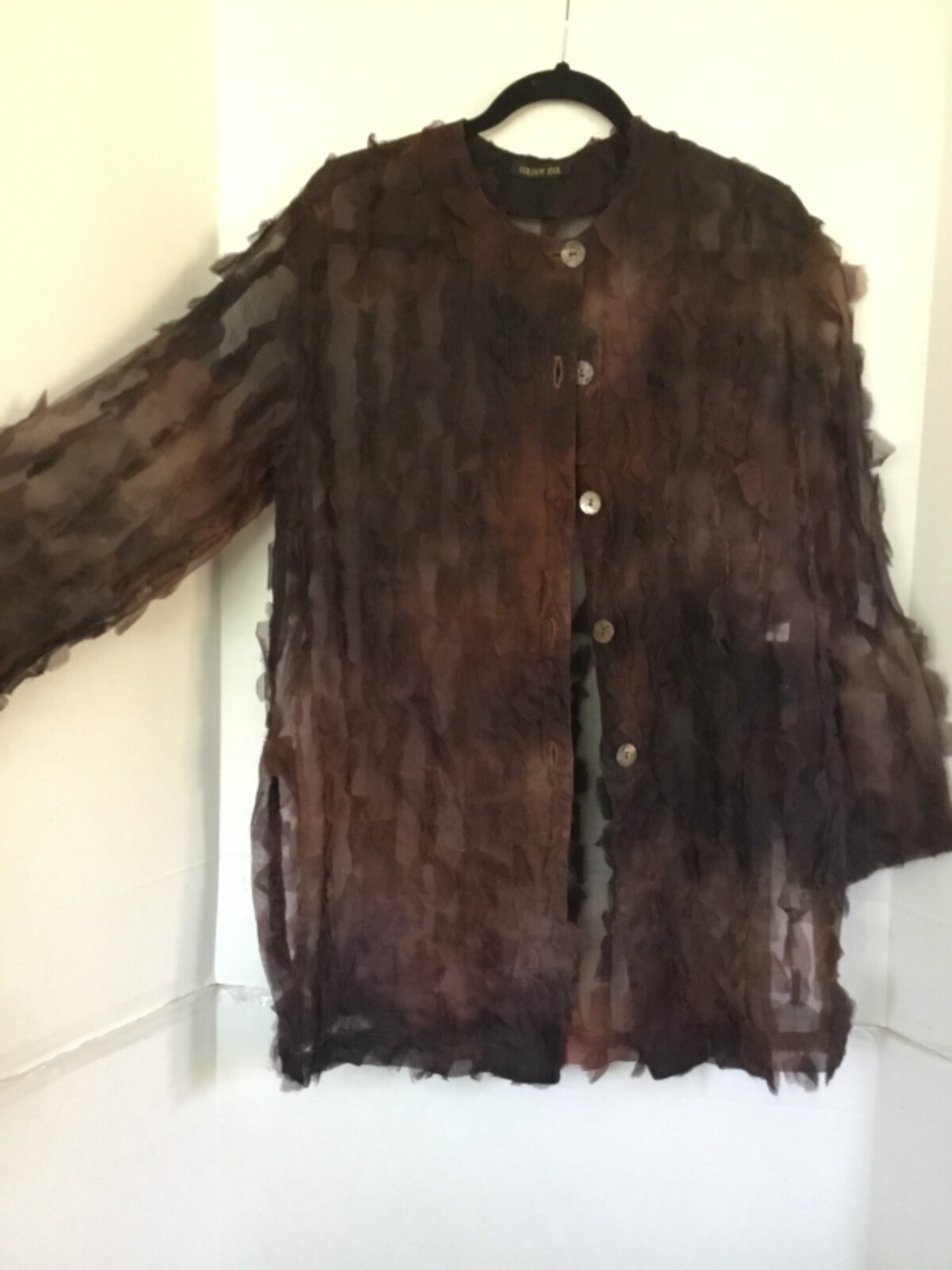 Vintage Golden Idol Shirt S Chocolate Brown Silk Organza Deconstructed Shag Y2K