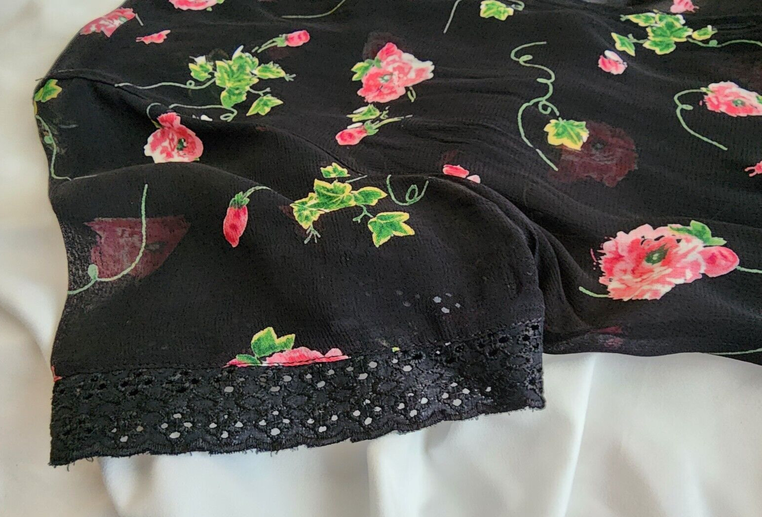 Vintage Lola P. Maxi Dress Black Multicolor Floral Textured Gauze- Size S
