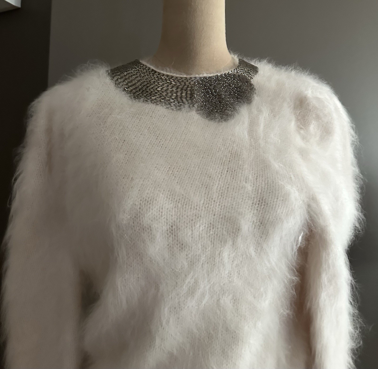 GUCCI VINTAGE 80s White Knit, Sequin Beaded Collar, Angora Sweater SZ S