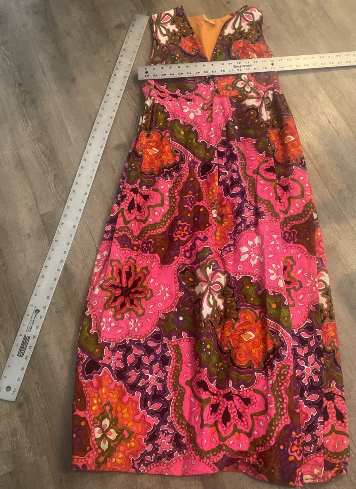 Vtg Sleeveless Maxi Dress Hot Pink Multicolor Psychedelic Print Barkcloth Lg