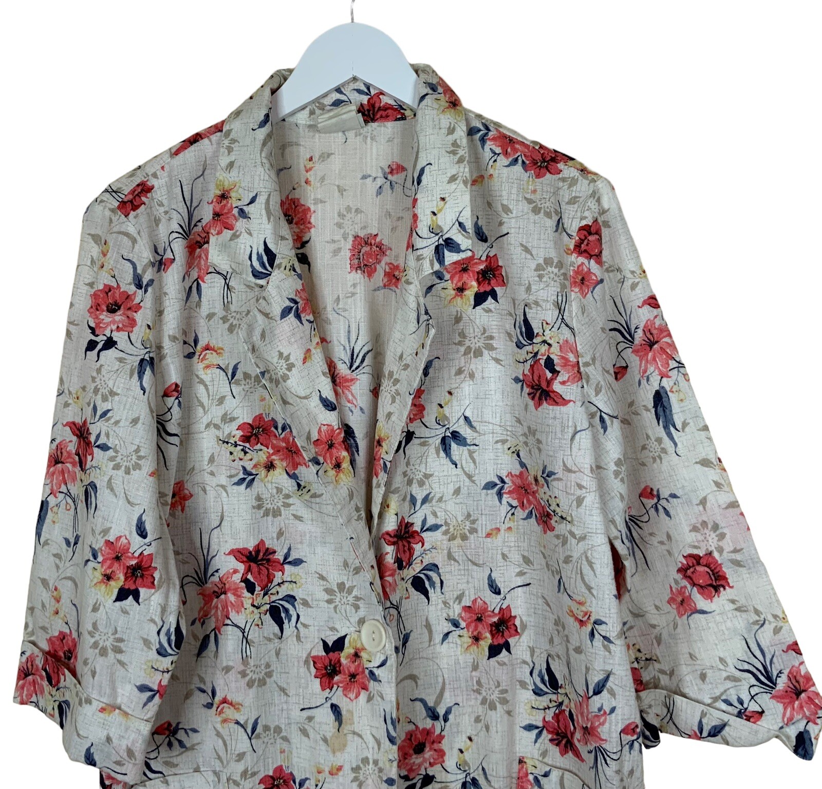 Vintage Modern Essentials Wonen’s Lg Blazer White Floral 3/4 Cuffed Sleeve USA