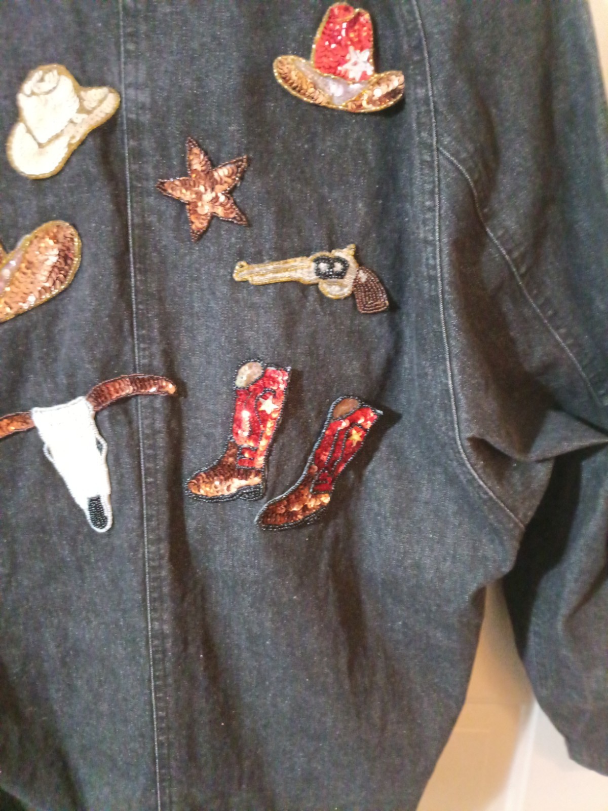 Vintage Kenya Collection Denim Sequined Western Themed Jacket Made In Taiwan