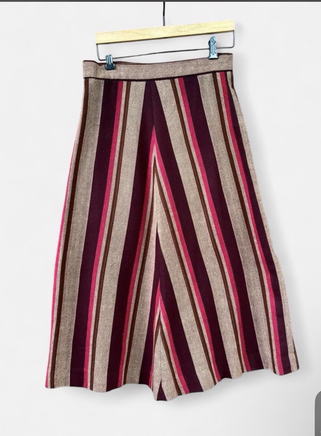 Vintage 70s Striped Midi Skirt Burgundy Tan A-Line Mod Retro Hand Made USA. Wool
