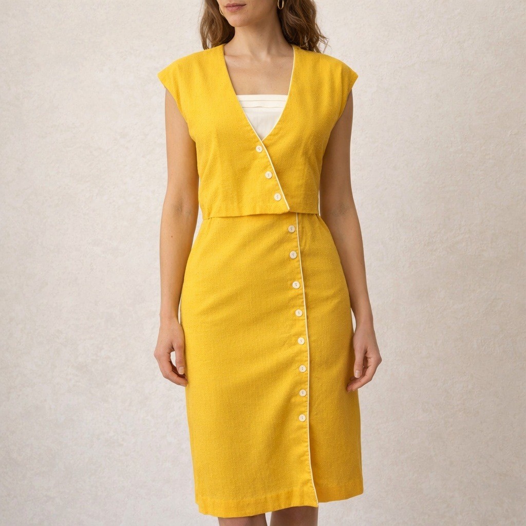 Vintage 80s Trivia Charms Hollywood Yellow White Two Piece Dress Jacket Set