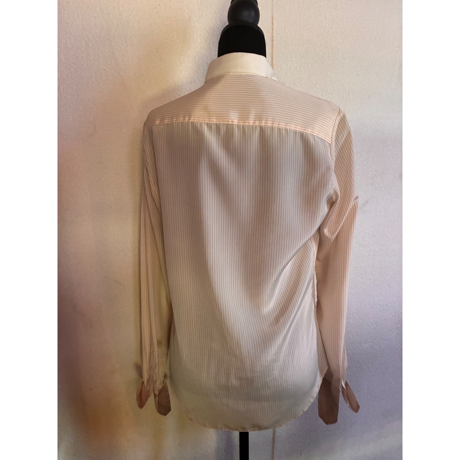 Vintage Button Down Blouse Womens 10 Cream Pinstripe Fair Peter Pan Collar Long