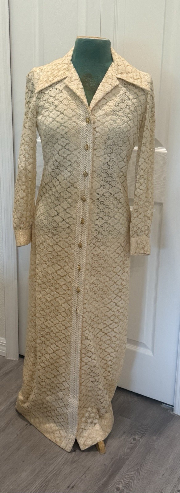 1960’s Evening Gown Coat Dress Cream Lace W/ Lining Gold Buttons Long Sleeve USA