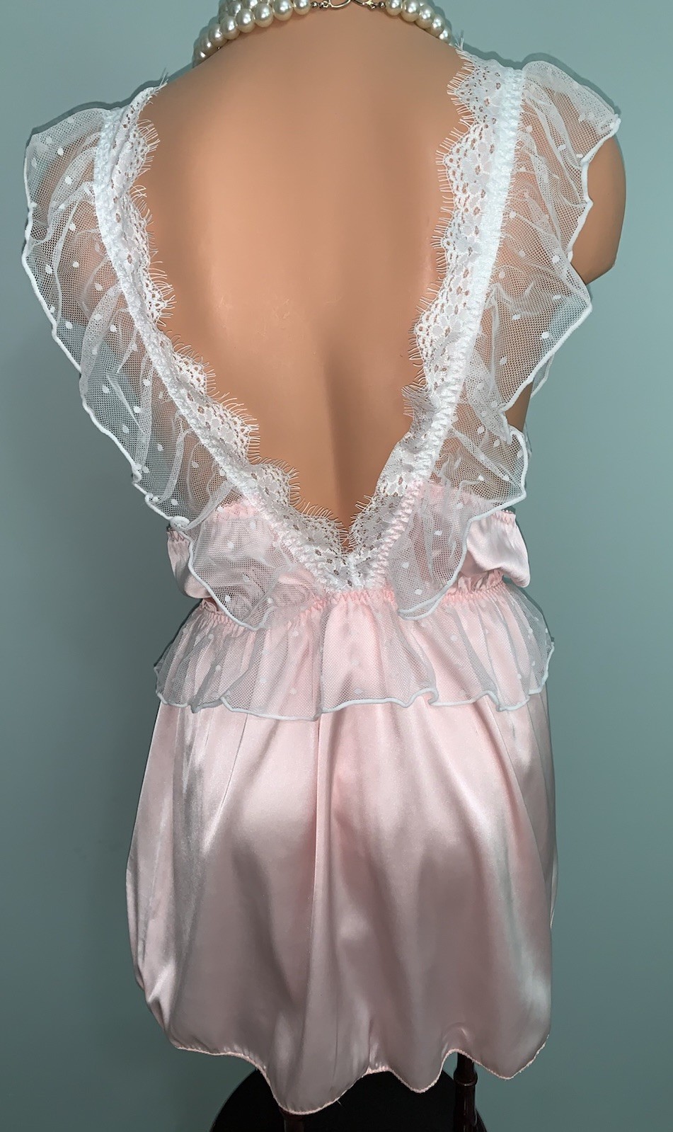NEW GloSSy Satin Romper Bodysuit Teddy 2X Frilly SOFT Pink Polkadot Fairycore