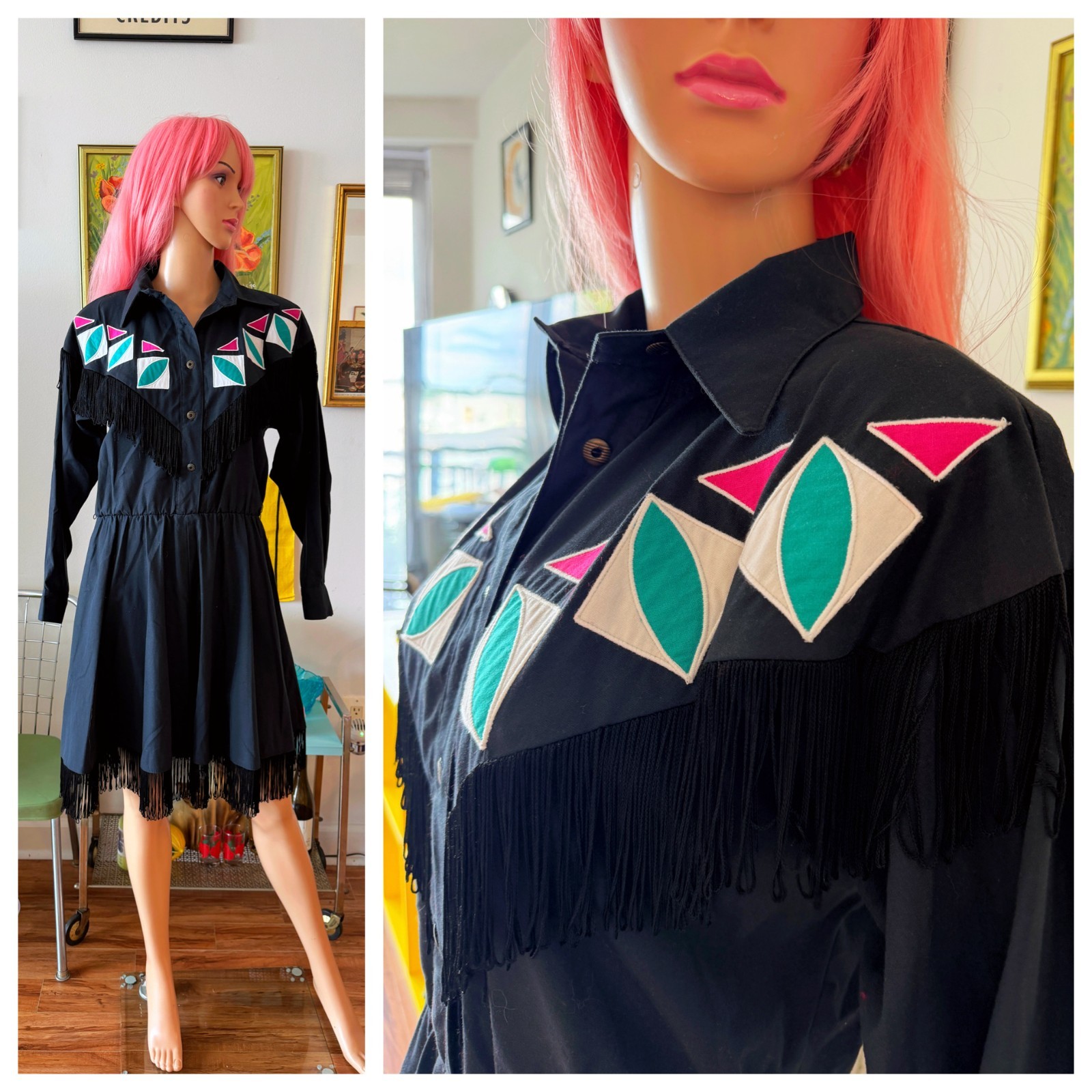 🤠 Vtg 80s does 50s Western Square Dance Cowgirl Fringe Shirtwaist Party Dress M