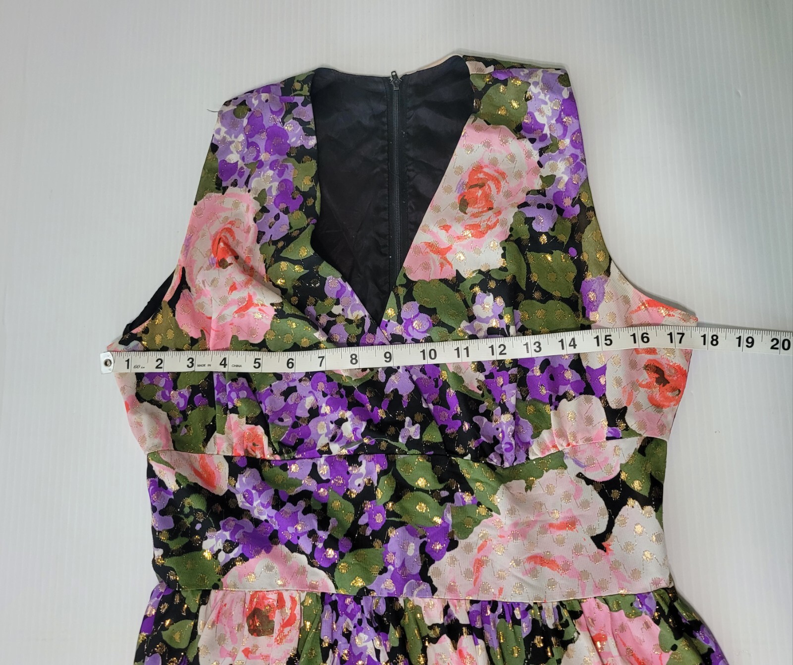 Vintage 70s California Sleeveless Spring Floral and Gold Lurex Maxi Dress Sz. Sm