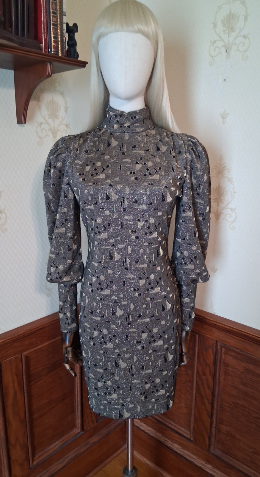 Vintage 80s All that Jazz Metallic Gold New Wave Puff Sleeve Bodycon Mini Dress