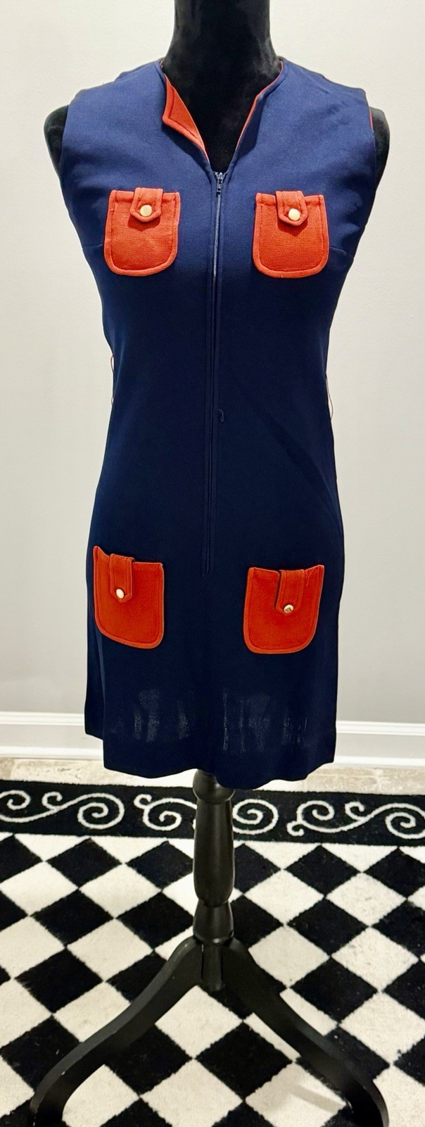 Vintage 1970s Mod Women’s Navy & Red Shift Dress with Gold Buttons