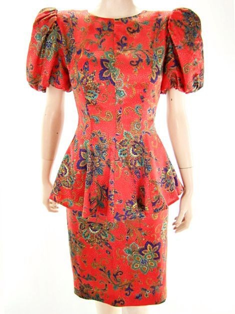 VTG 80s Silky Red Paisley Balloon Sleeve Slim Skirt Suit 2 Piece Dress S/M