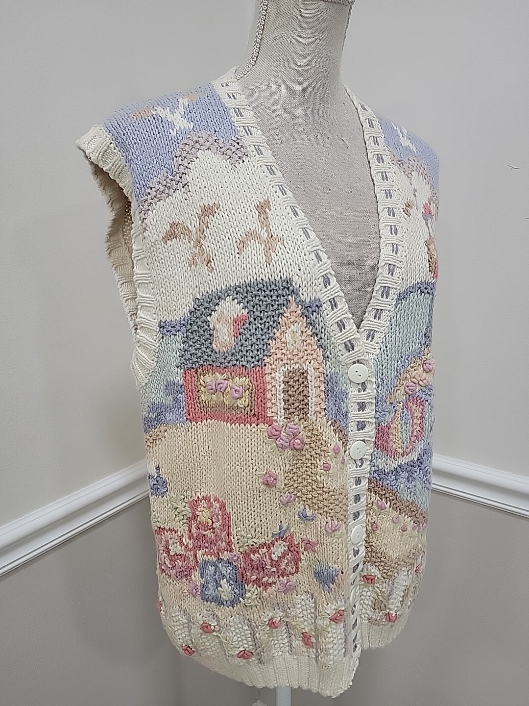 VTG BELDOCH POPPER USA Sweater Vest Lighthouse, Sailboats, House,Birds NWT