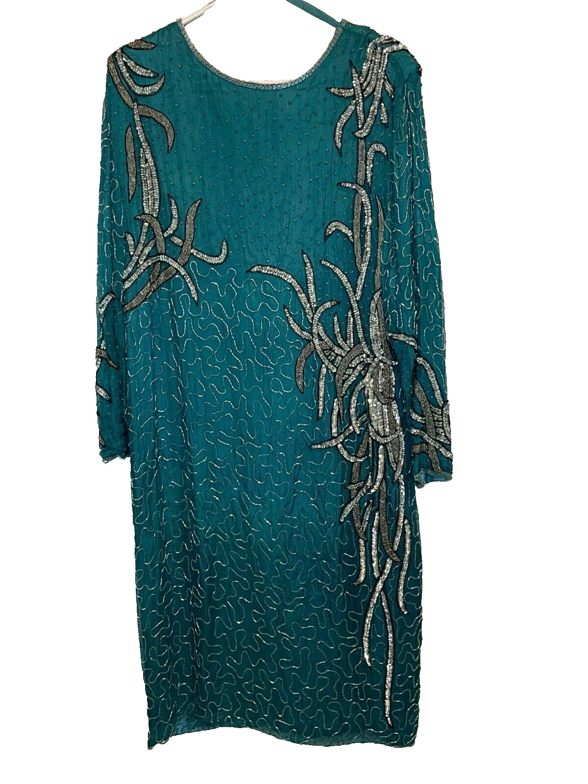 Vintage Jewel Queen Beaded Green Silk Dress W/ Shoulder Pads Women’s Size XL New