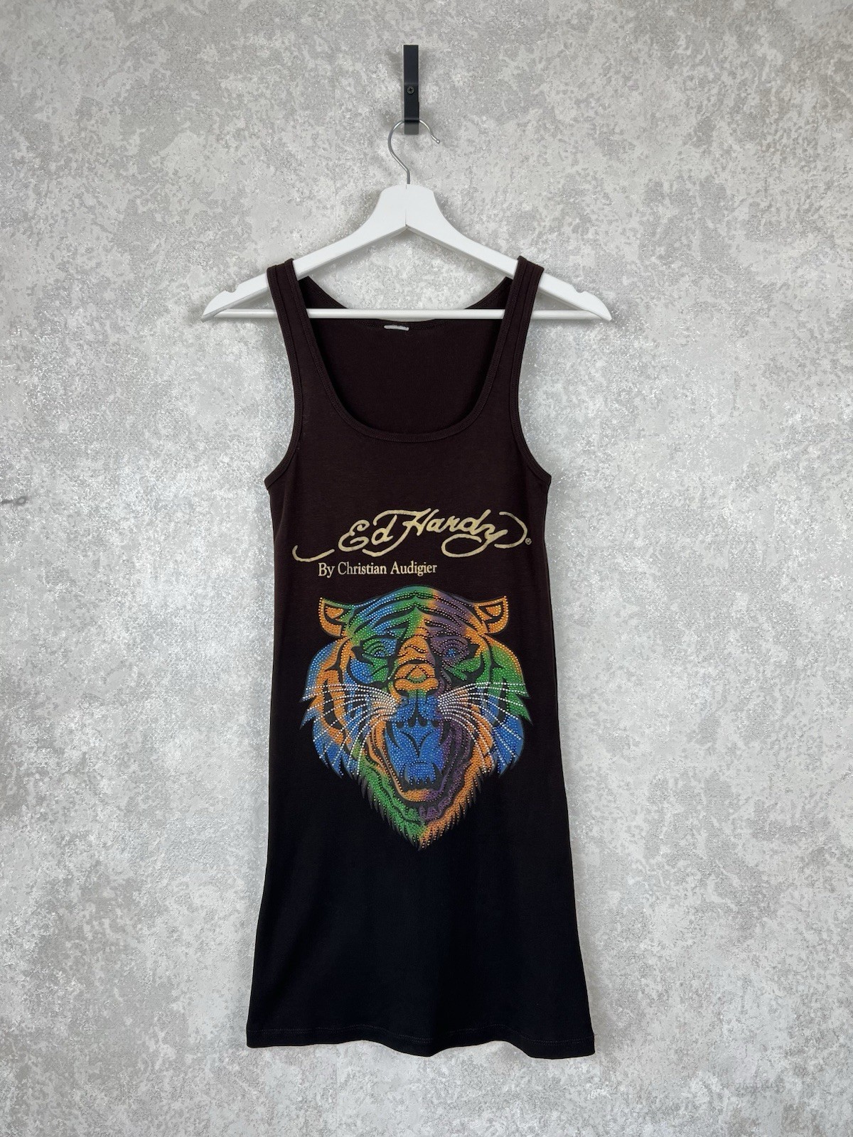 Vintage Ed Hardy Christian Audigier Tiger Rhinestone Ombre Tank Dress Brown Y2K