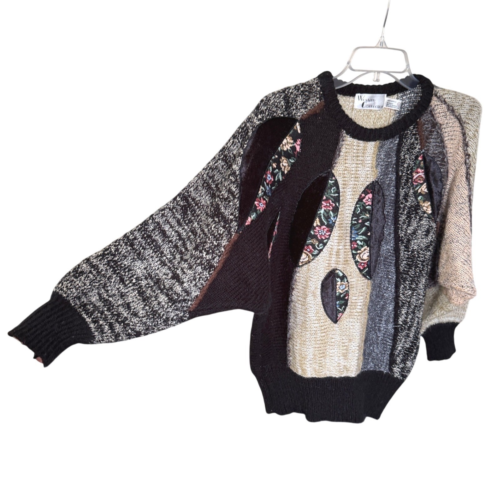 Vintage Tapestry Leaf Patchwork Sweater Women L Black Multi Color Art To Wear