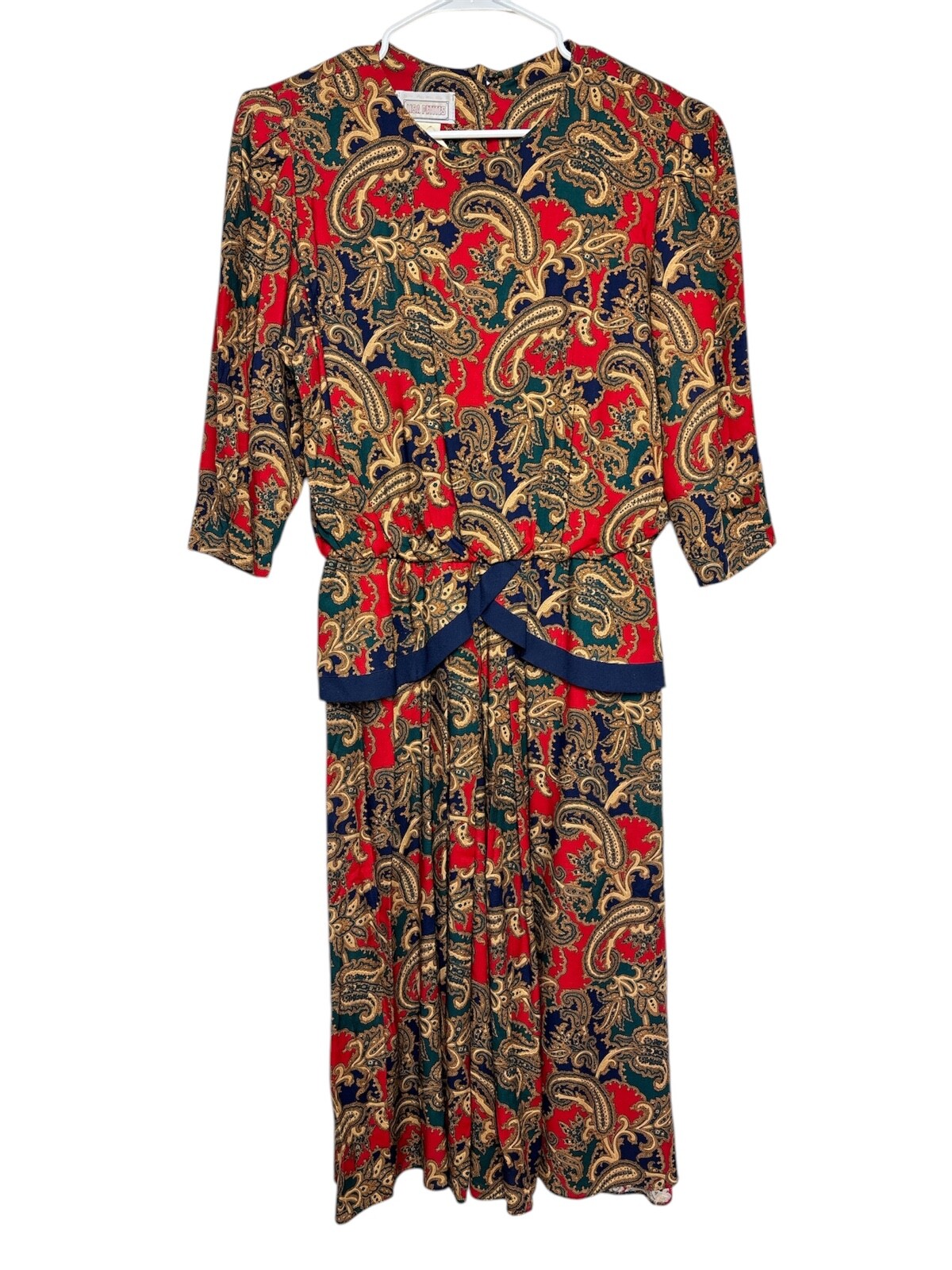 Vintage Lisa Petites Peplum Dress SZ 16 Red Paisley 3/4 Sleeve 80s Secretary
