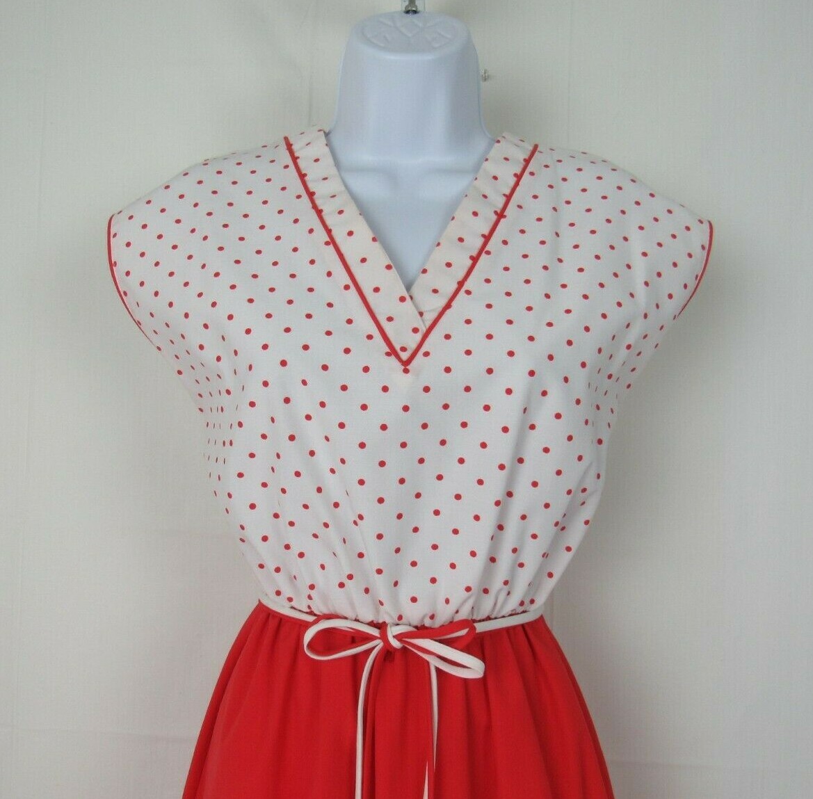 VTG 1970s SANSAGE DRESS & BELT RED WHITE POLKA DOTS BELT COTTON BLEND