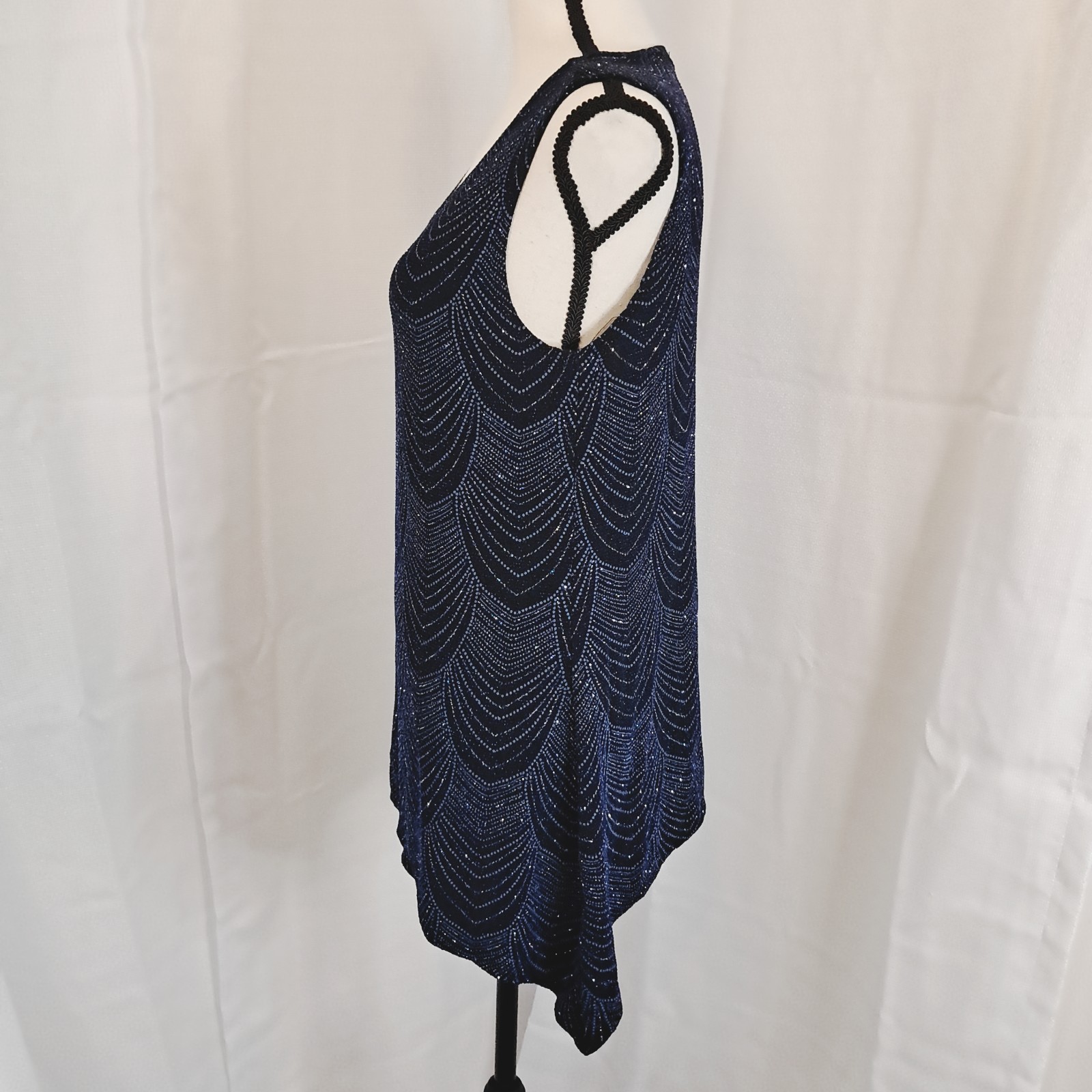 Vtg 90s Onyx Nite Navy Silver Glitter Texture Asymmetrical Hem Party Blouse Sz M