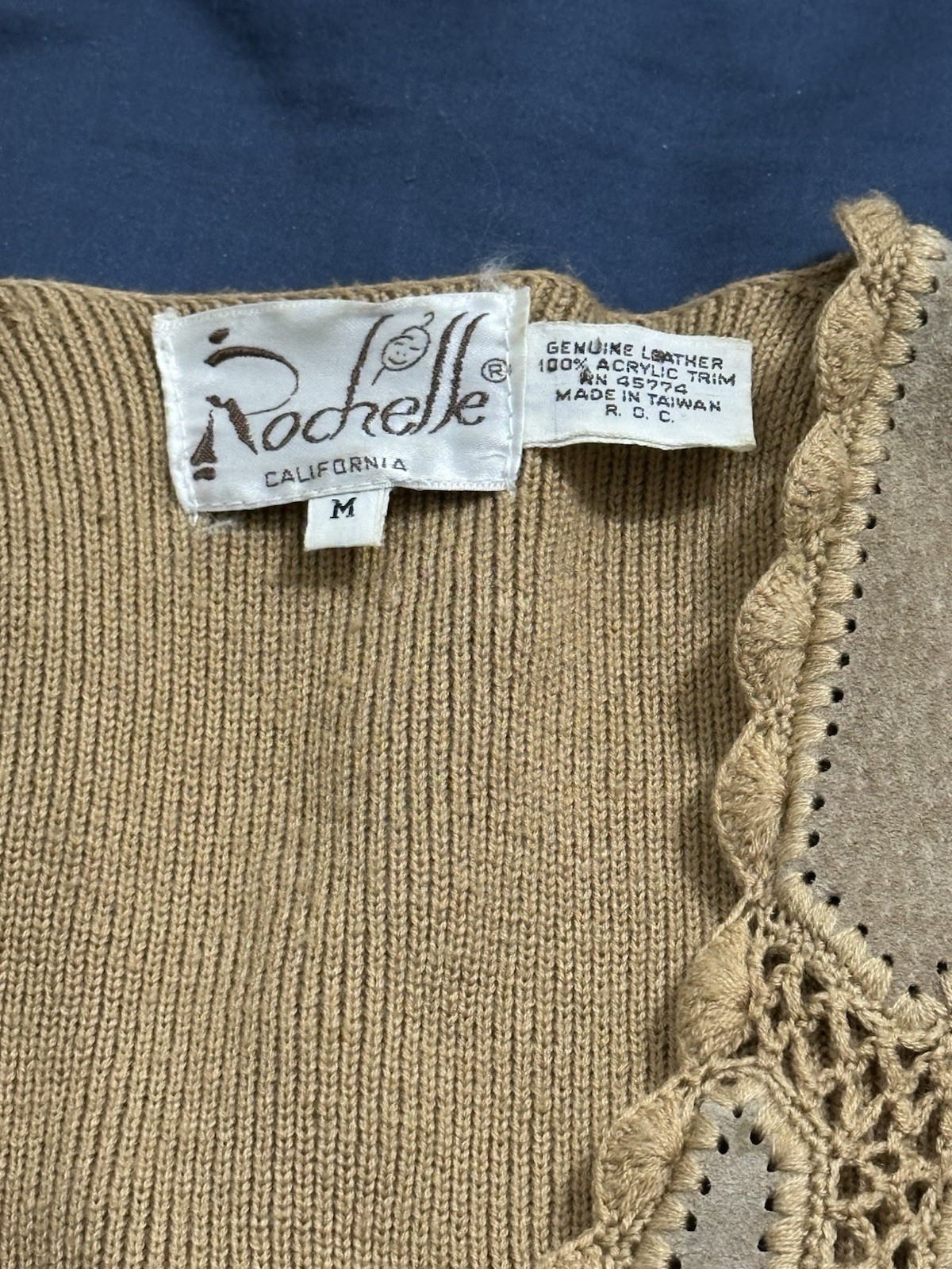 Vintage 70s Suede Leather Crochet M Patchwork Vest Gilet Rochelle California