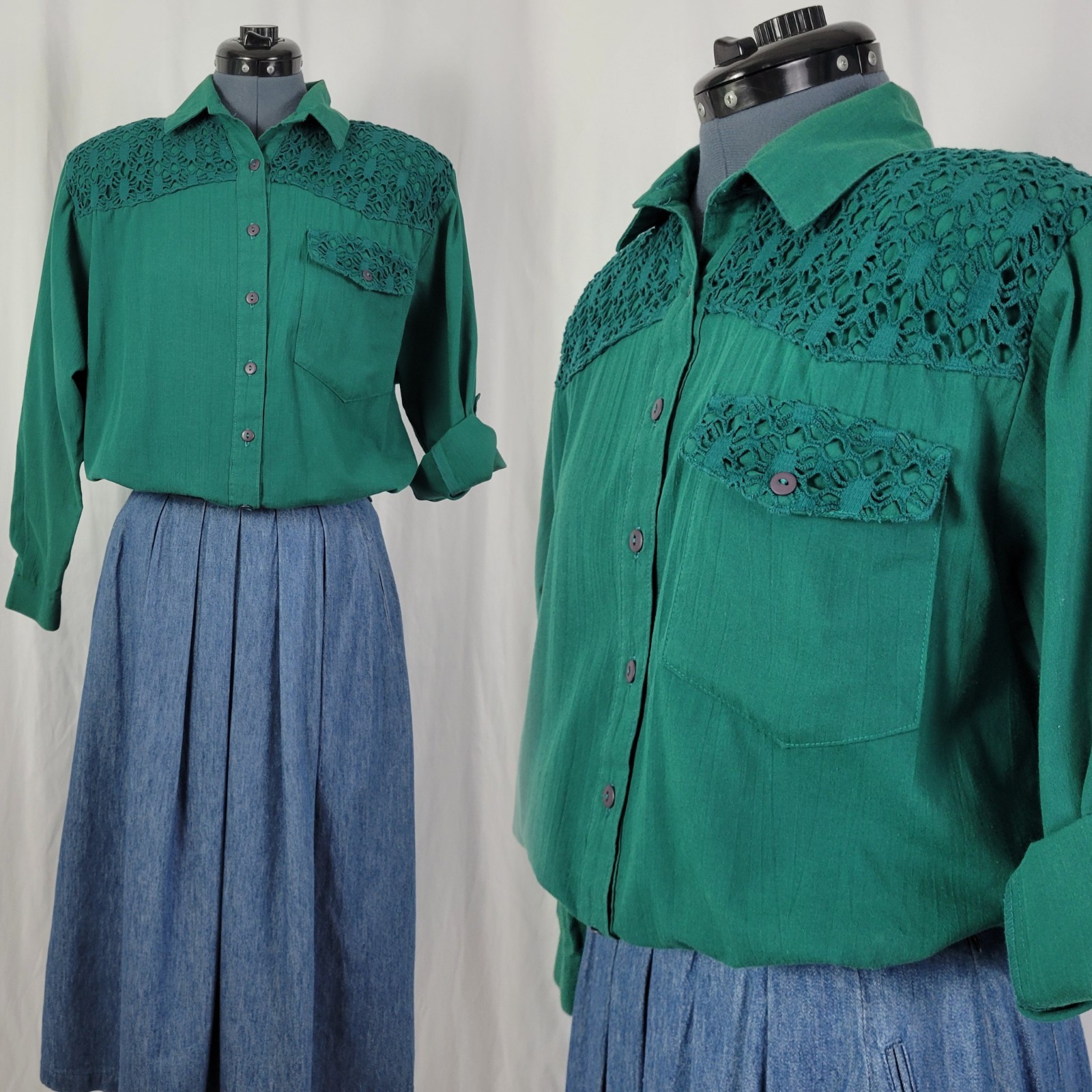 Vintage Tapestry Green Button Down Shirt w Lace Accented Yoke & Pocket Size PM
