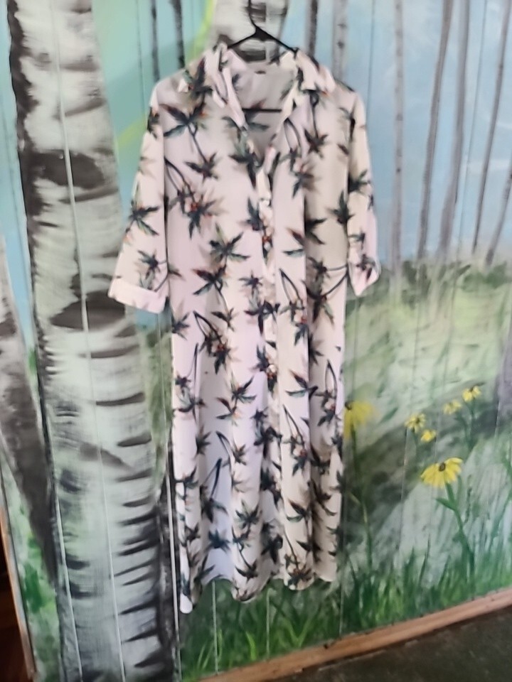 Hawiian Dress Long Smock Loose Flowy Button Down White Green Half Sleeve Small?