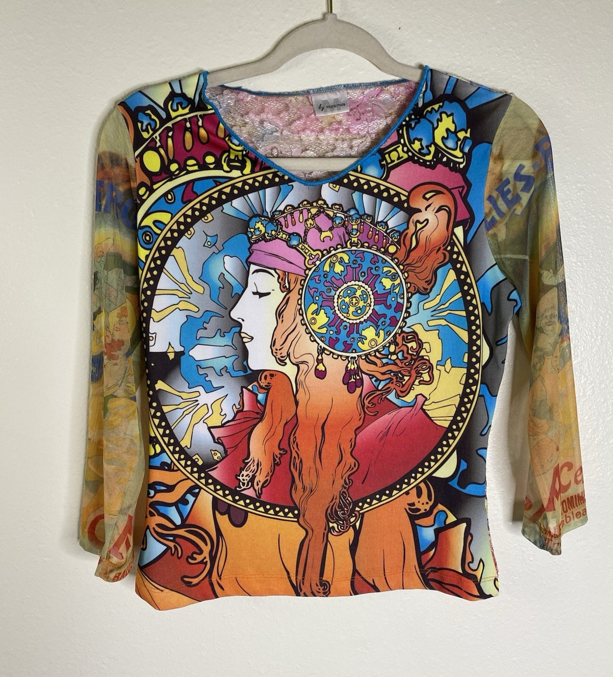 Rare Vintage Y2K Euro-Graphic Celestial Zodiac Festival tattoo 3/4 Sleeve Top M