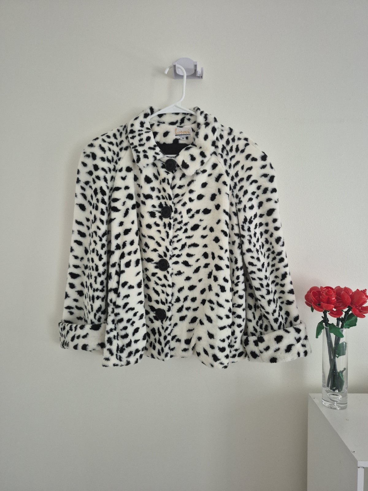Vintage 70s 80s LOROVI Dalmatian Print Faux Fur Coat Jacket Made in USA Size M