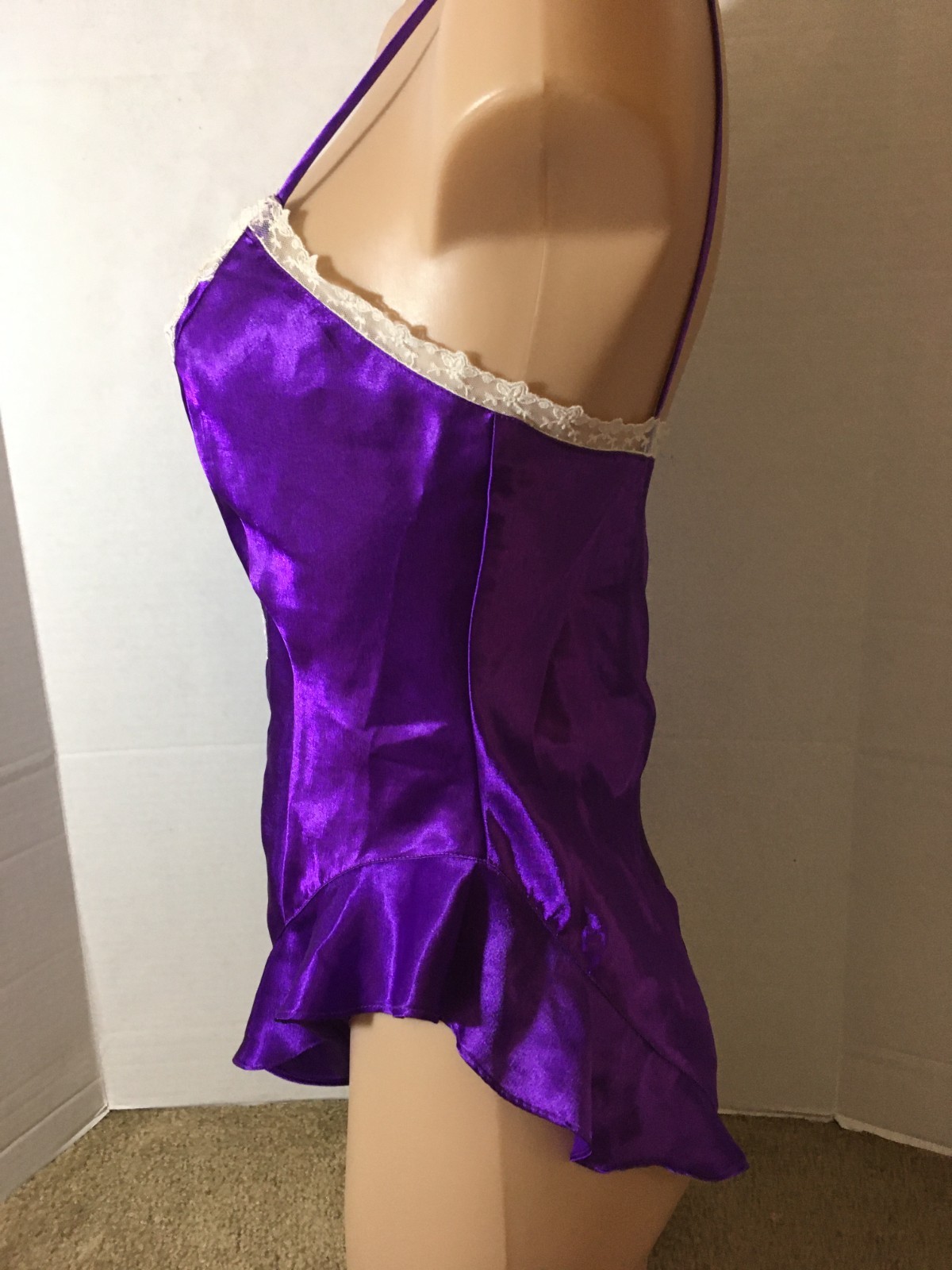 S Vtg VICTORIA’S SECRET Soft SATIN Lace Bodysuit Teddy Purple Ivory Gold Label