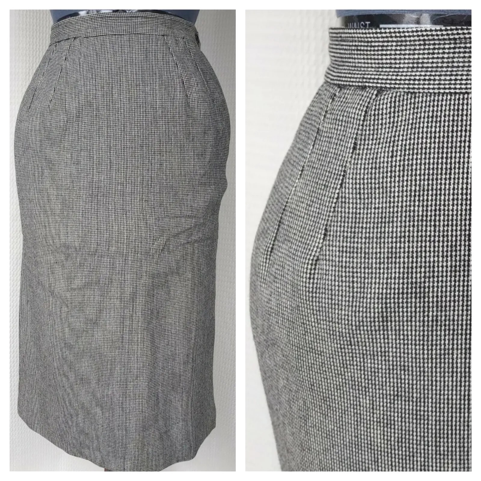 Vintage Black & White Houndstooth Straight Fitted Skirt 26″ Waist Size 2?