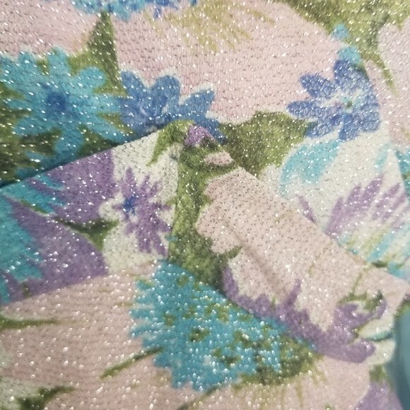 Vtg 70s floral lurex metallic sheer sleeve chiffon hostess formal maxi dress
