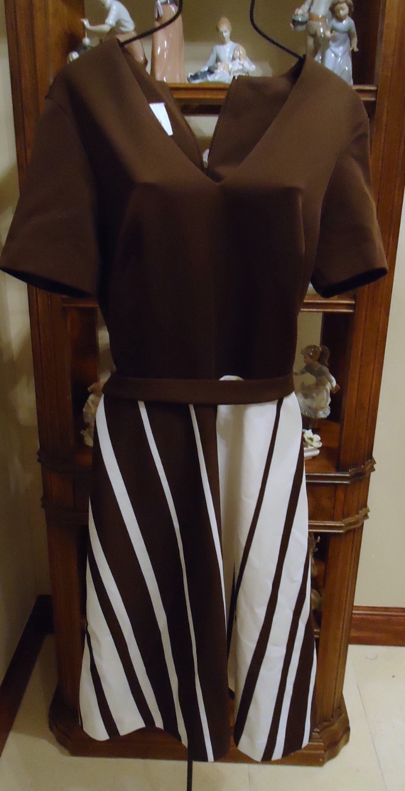 NOS Vtg 70s Midcentury Brown White Striped Dress Jones sz 14 Full Sweep Hem 68″
