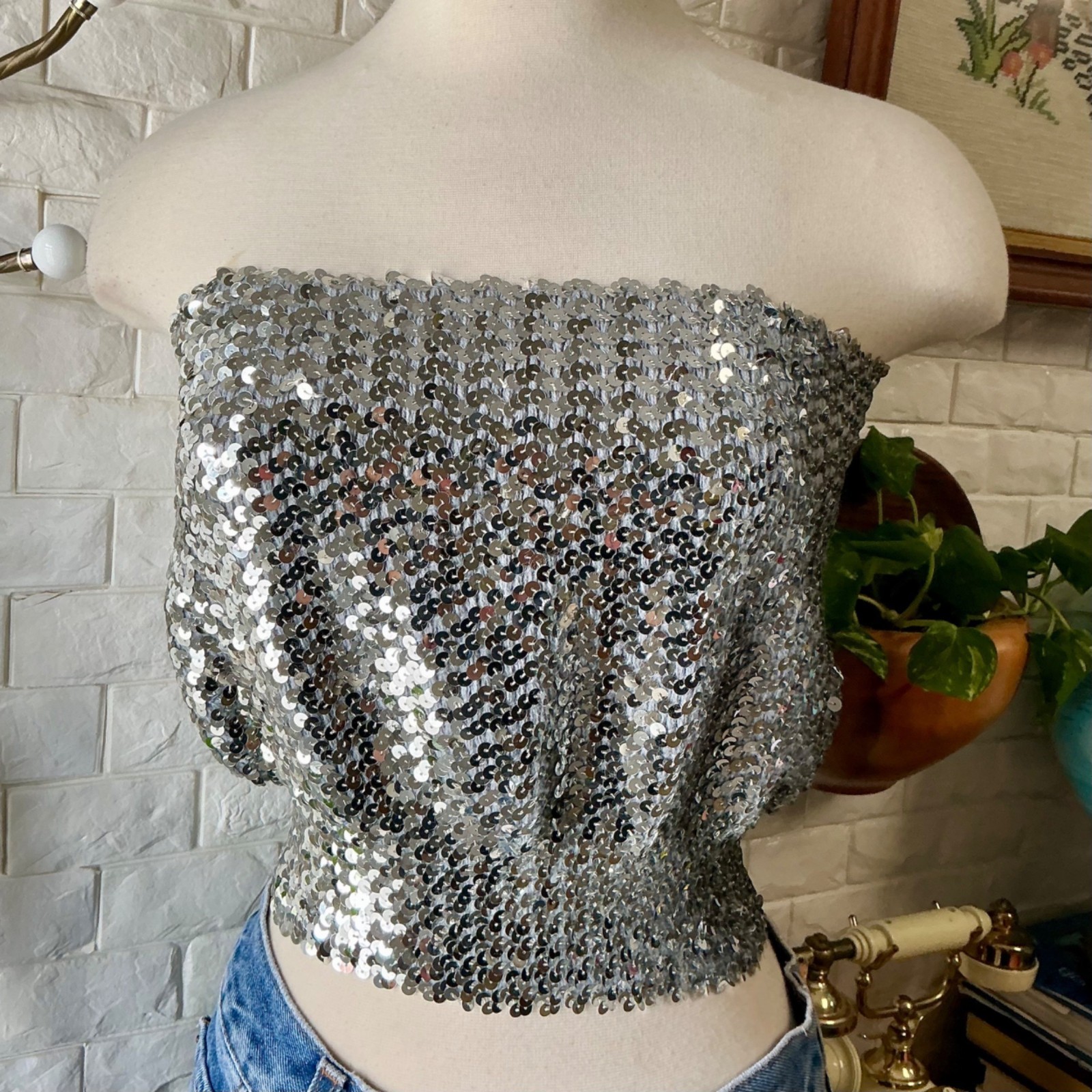 Vintage 1970s Disco Metallic Silver Sequin Tube Top