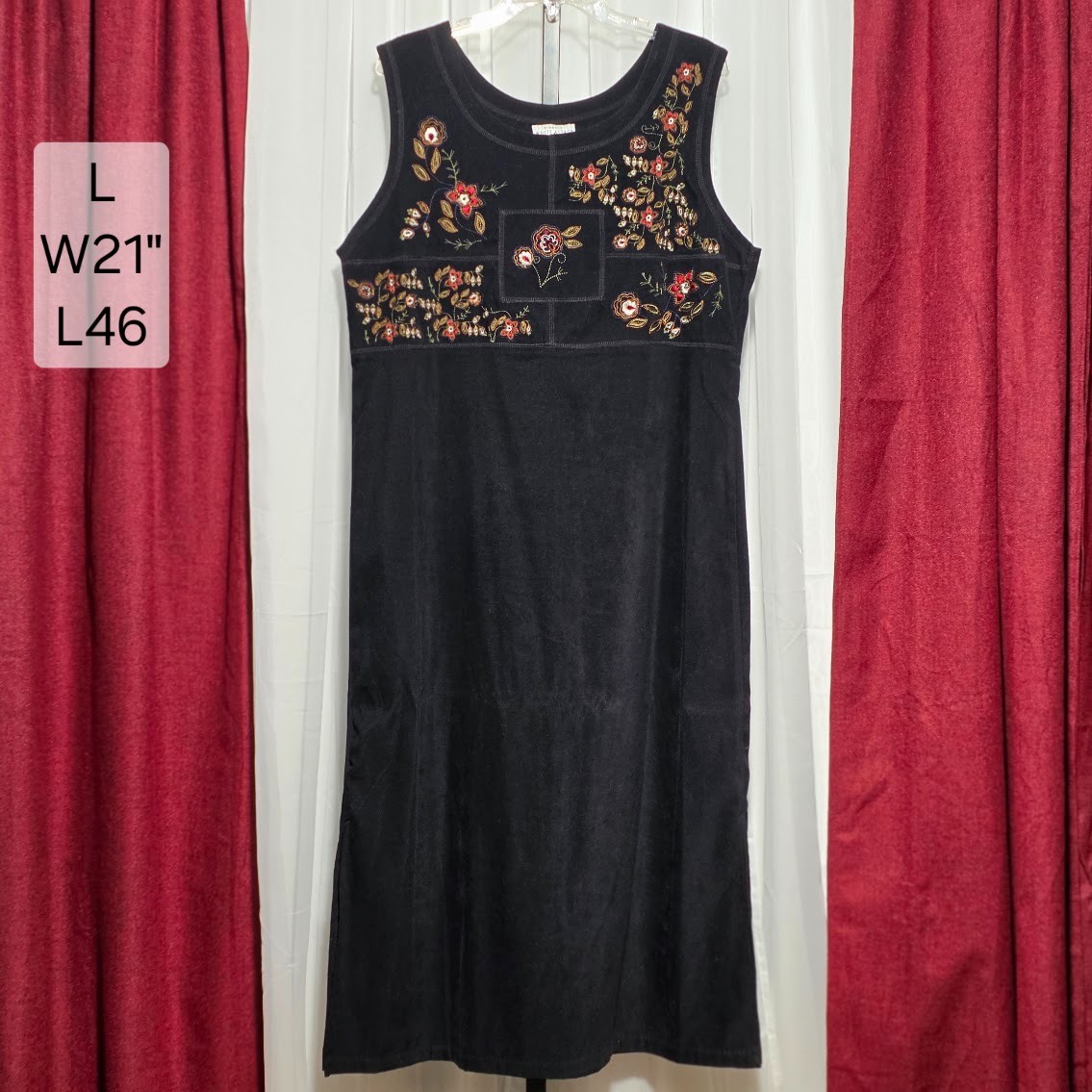 Vintage 90s White Stag Black Floral Embroidered Faux Suede Maxi Dress L
