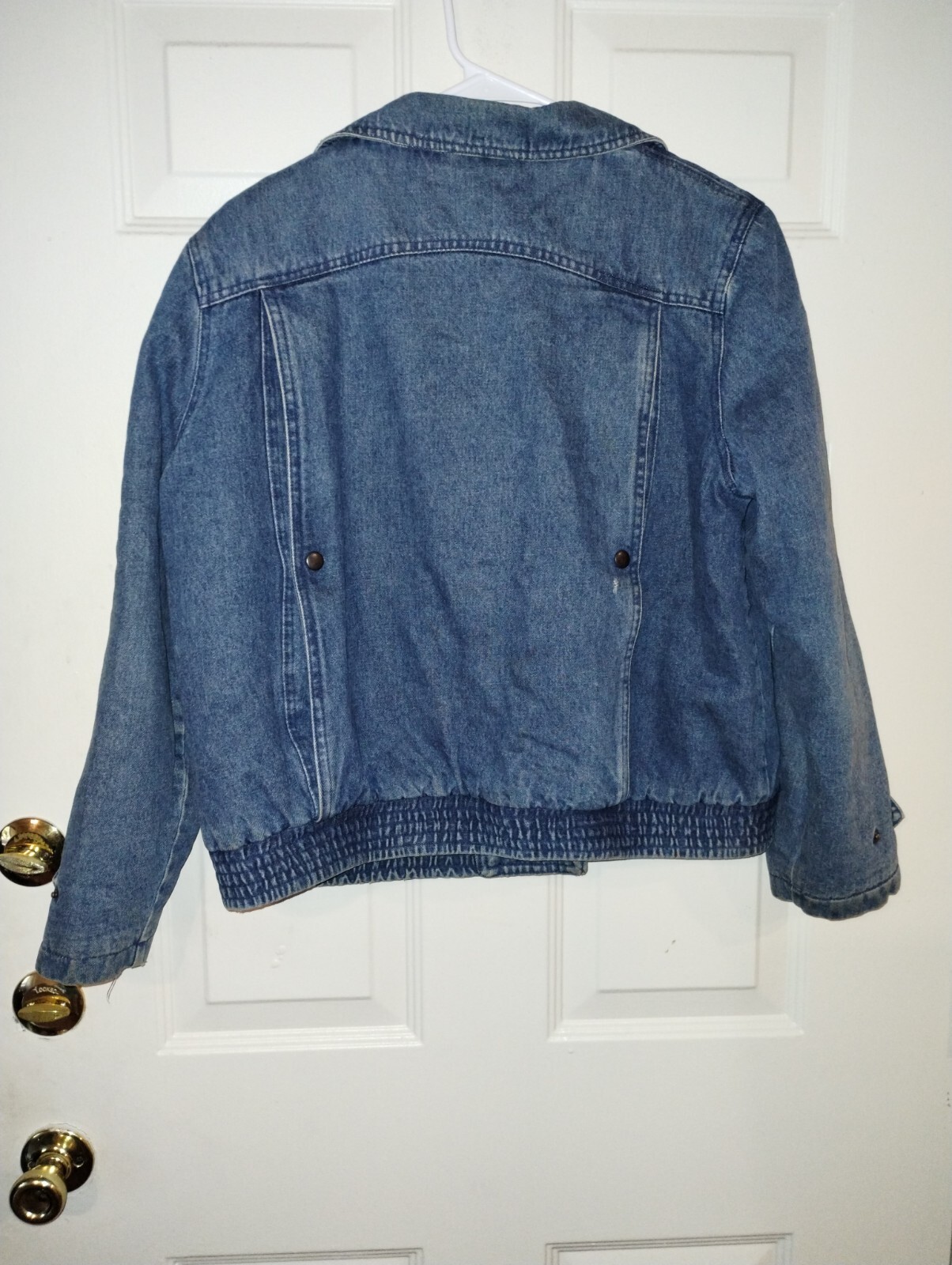 VTG YR Womens Size L Snap Up Quilt Lined Distressed Blue Jean Jacket Bling Lapel