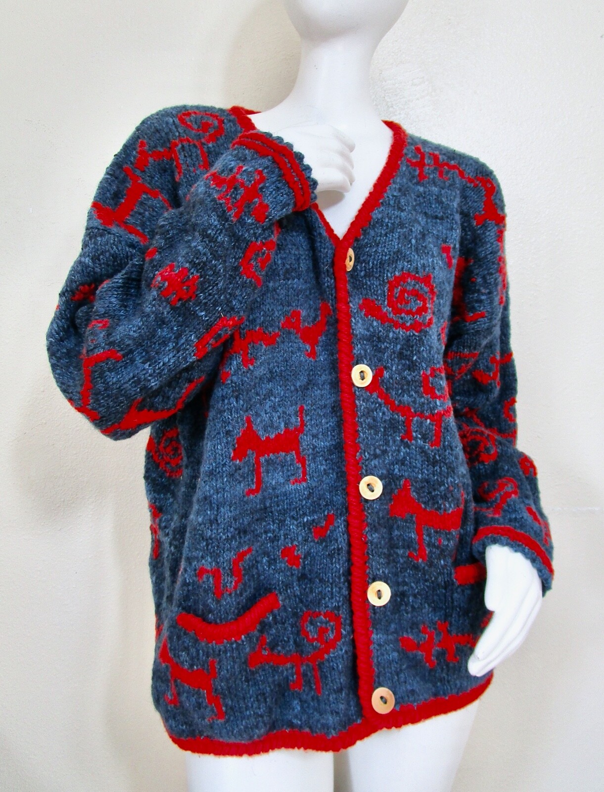 Vintage Amano Wool Wood Boho Tribal Cave Drawing Caridgan Sweater Oversize S L