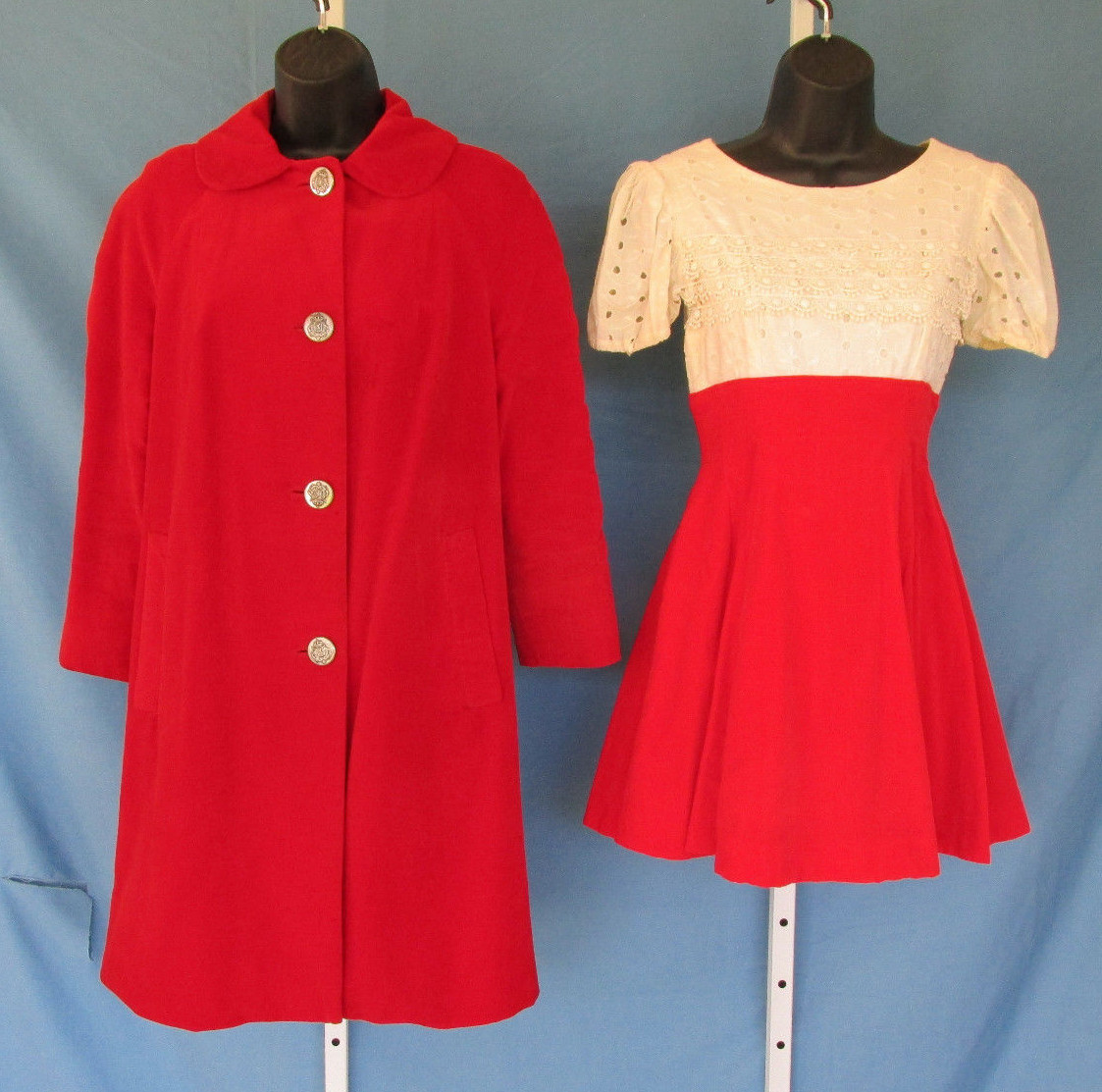 VINTAGE 1950s 60s YOUNG VIEWPOINT DRESS CREAM RED VELVET LACE EMBROIDERY CUTOUTS
