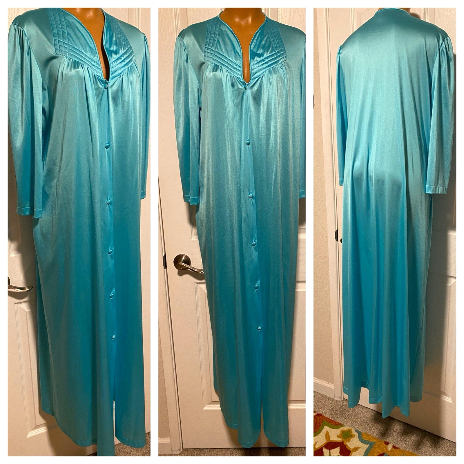 VTG 60’s VANITY FAIR TURQUOISE BLUE W/ QUILTED YOKE BUTTON DOWN LONG ROBE SZ M