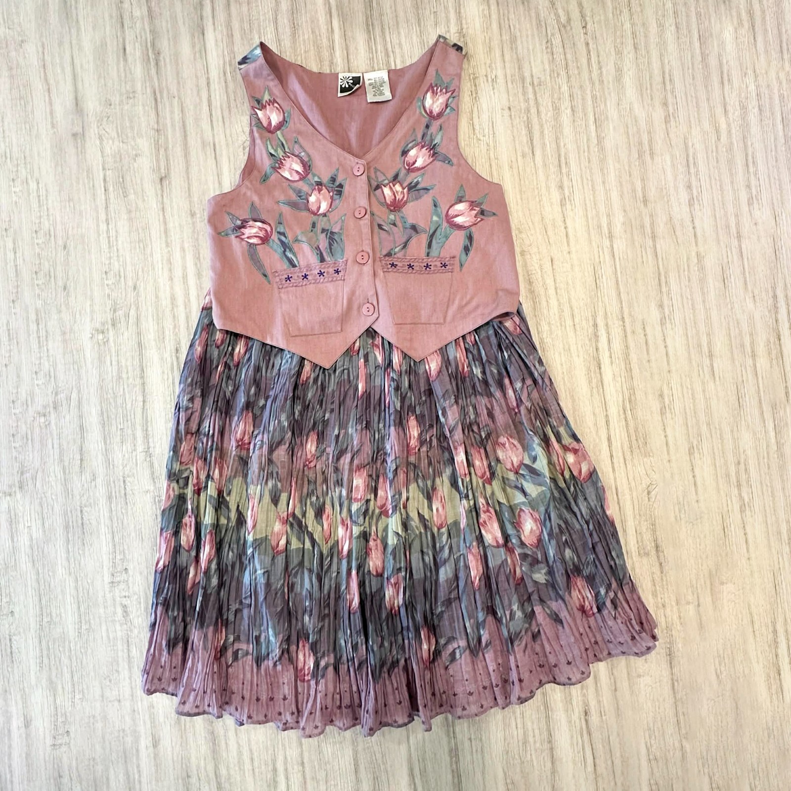 Vintage Phool 2 Piece Set Women’s L Floral Tulip Vest Skirt Boho Hippie Y2K Sz L