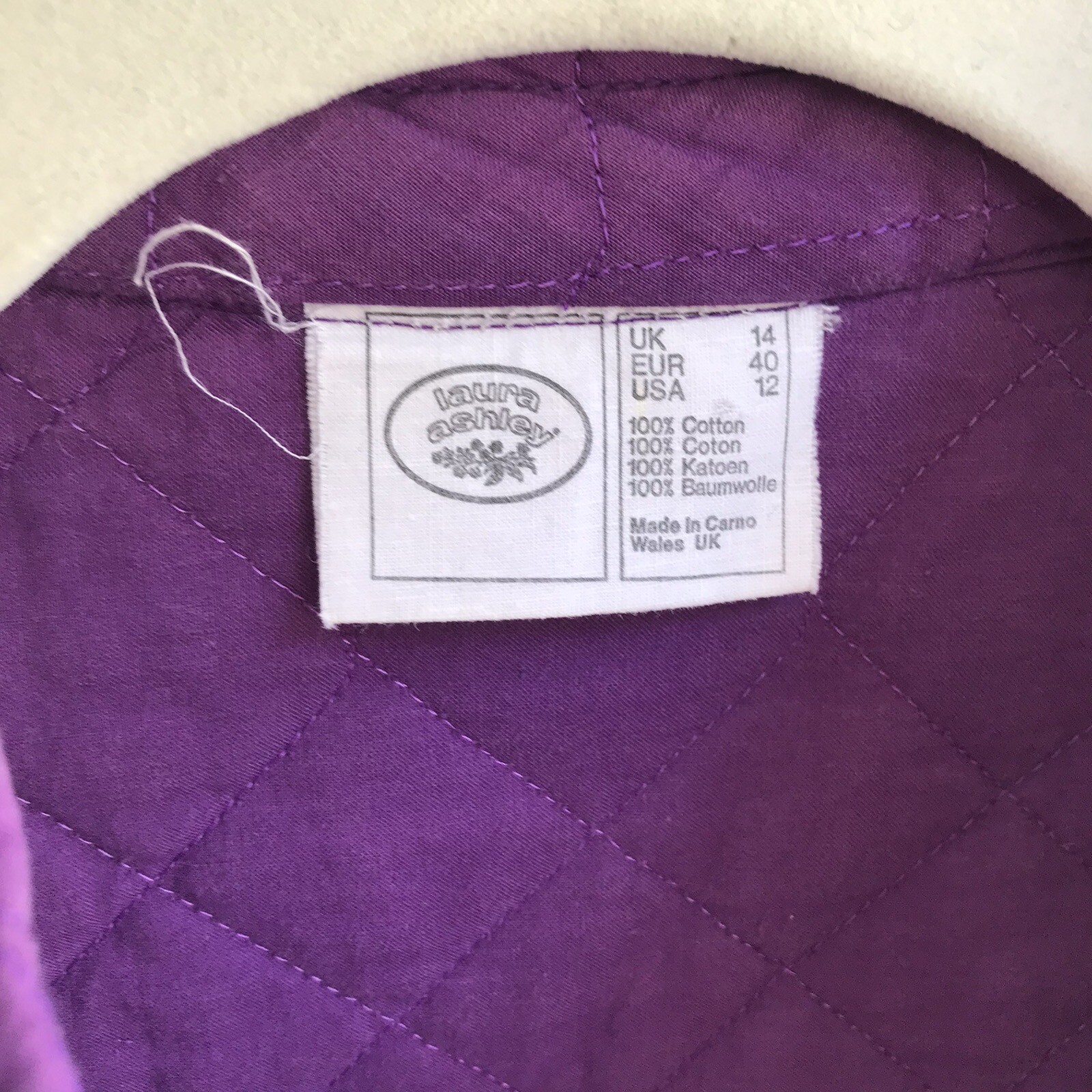 Vintage Laura Ashley Carno Wales Quilted Purple Chore Jacket Coat US 12 UK 14