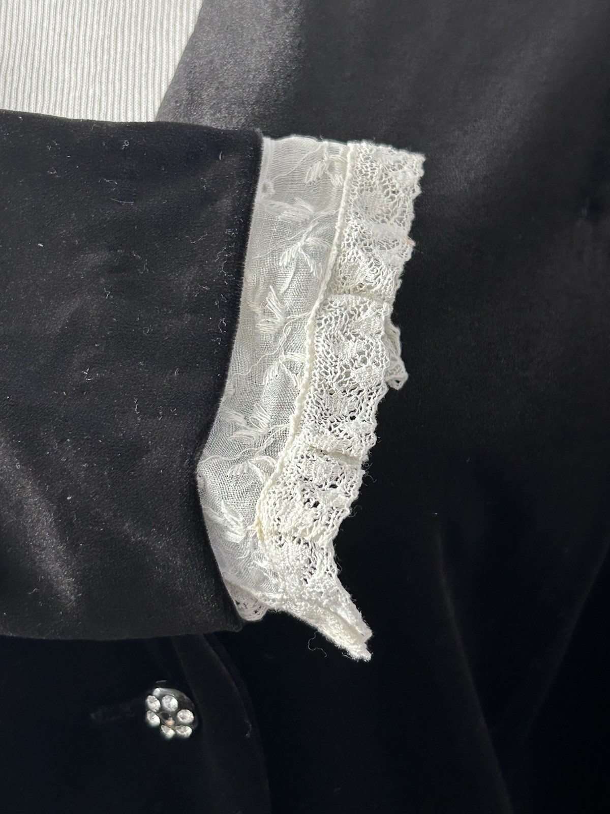VTG 70s Checkaberry Black Velvet Dress Robe Rhinestone Buttons Lace Cuffs Sz 10