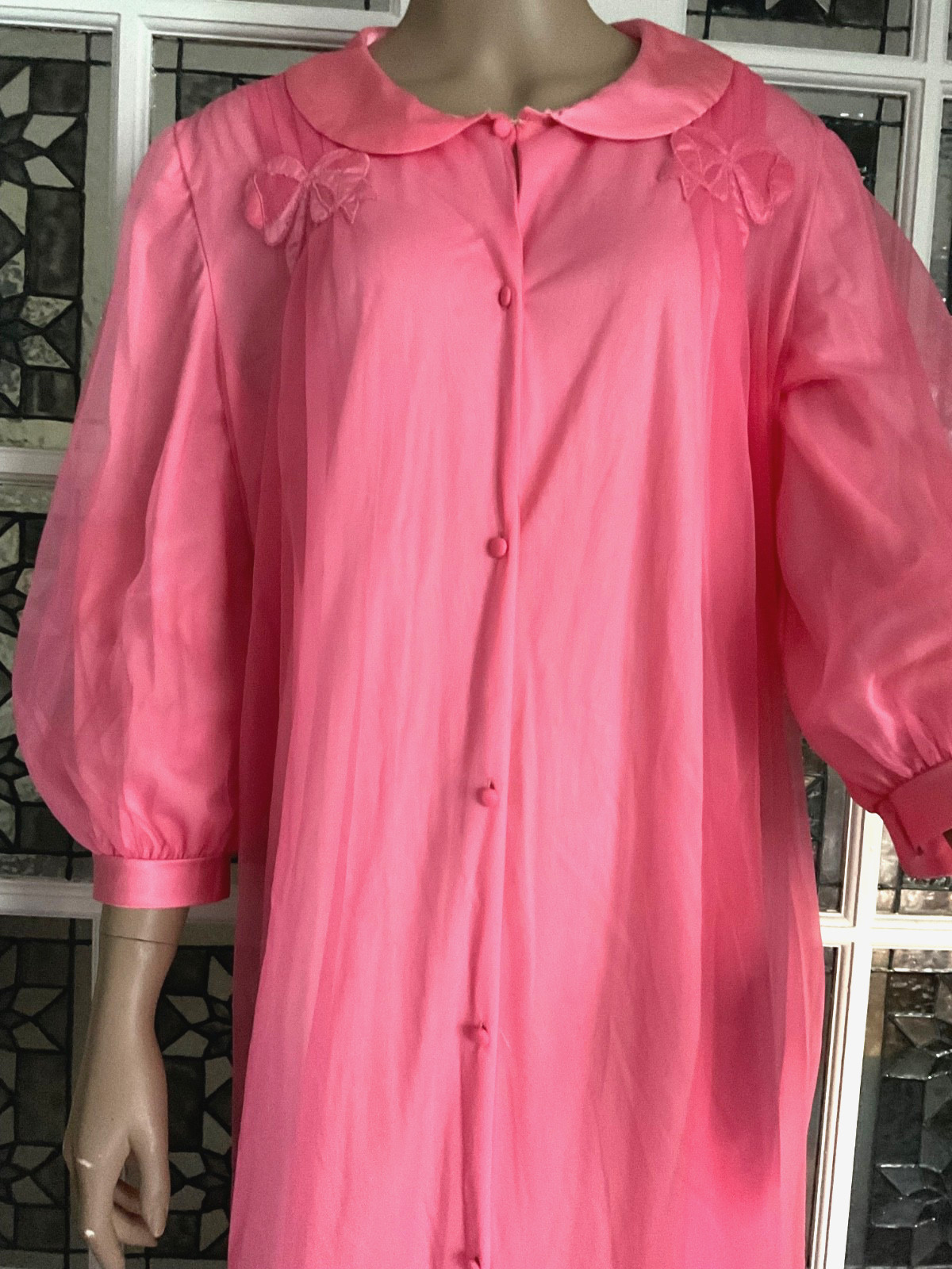 Vintage Robe Dressing Gown Double Layer Sheer Pink Nylon Chiffon Peignoir Robe M