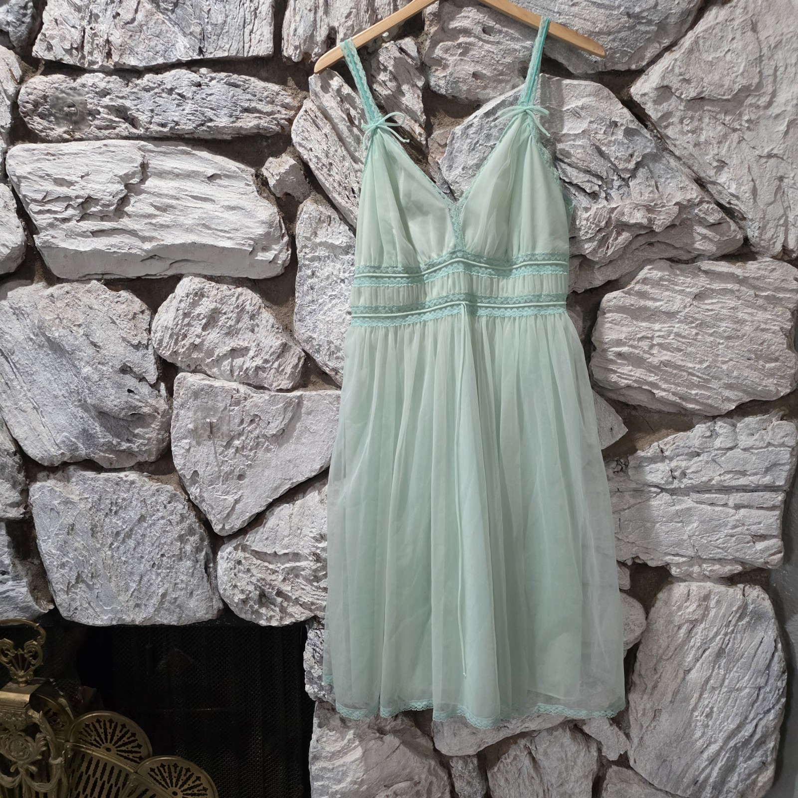 Vintage Gotham Gold Stripe Blue Nightgown Chiffon 36 Lingerie Babydoll Dress