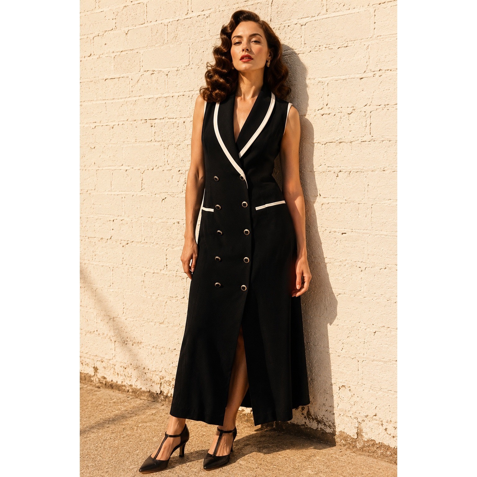 Vintage Danny & Nicole Black Rayon Tuxedo Maxi Dress Double Breasted Size 14