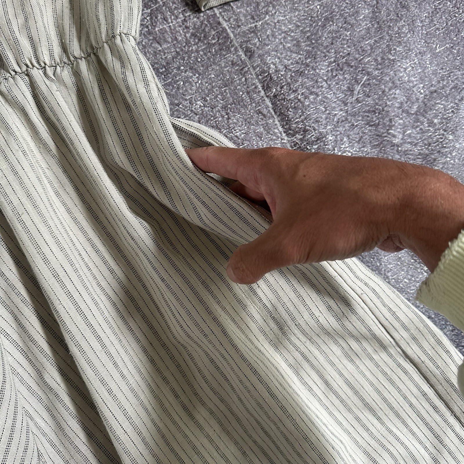 Women’s Vintage 70s VLP Union USA Made CottageCore Midi Beige Stripe Dress Sz 12