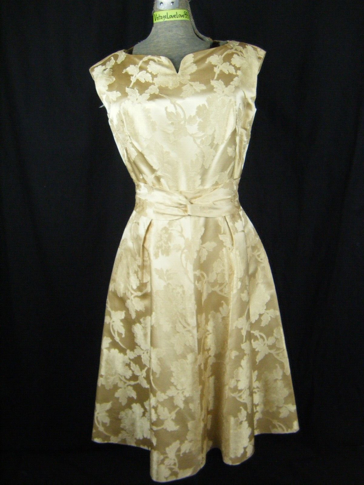 DYNASTY Vtg 50-60s Golden Floral Brocade Pure Silk Full Dress-Bust 37/2XS-XS